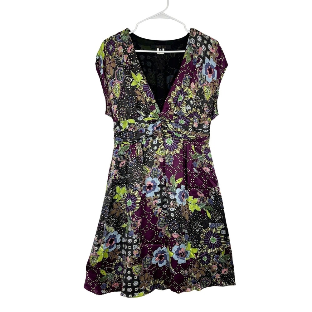 Vintage Silk Floral Mini Dress Women LRG Purple Boho V-Neck Retro Smocked Waist